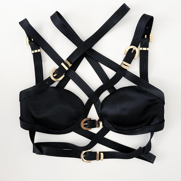 Versace Fall 2019 Runway Black Silk Satin Cage Bra Cropped Bondage Top 42 - Picture 2 of 15